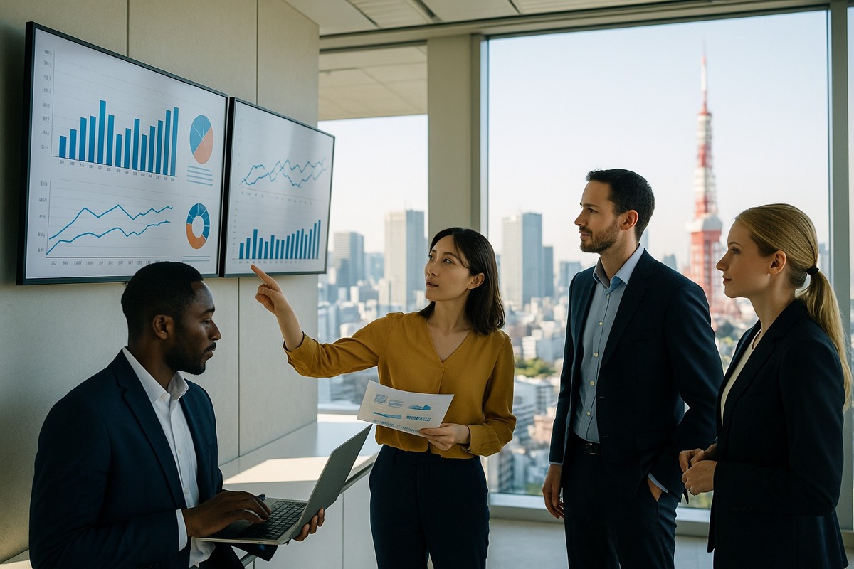 Foreign and Japanese business professionals meeting around a table in a modern Tokyo office with the city skyline visible through the window.
