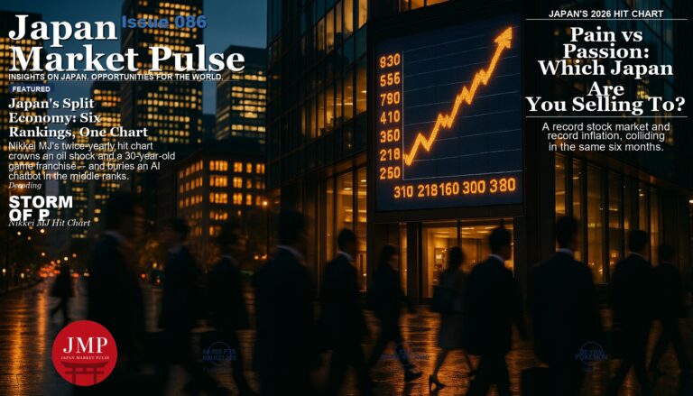 Magazine-style cover photo of Tokyo's financial district at dusk with a glowing digital stock ticker board, Japan Market Pulse cover text overlaid.
