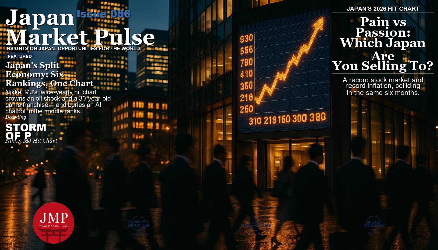 Magazine-style cover photo of Tokyo’s financial district at dusk with a glowing digital stock ticker board, Japan Market Pulse cover text overlaid.