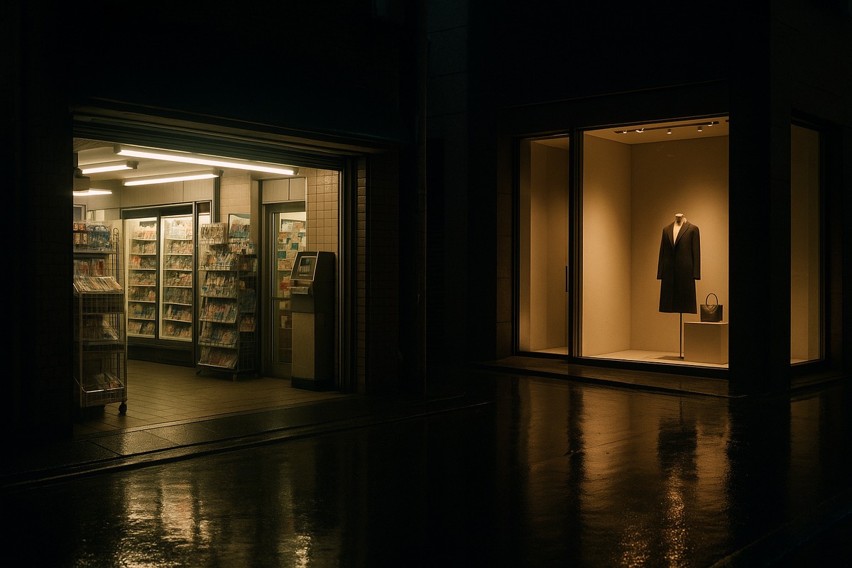 Tokyo retail street at night showing a modest convenience store beside an upscale boutique, symbolizing Japan’s split consumer economy.