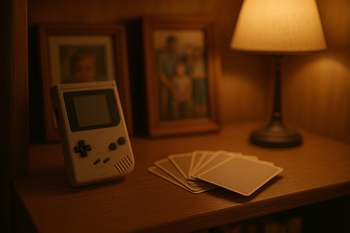 Warm home shelf with a vintage handheld game console and blank trading cards, evoking generational nostalgia collecting.