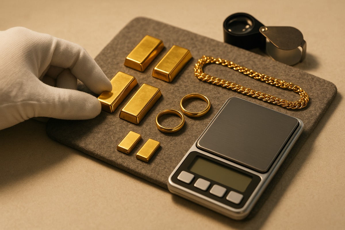 Gold bars, a gold chain and rings arranged beside a precision jeweller’s scale and loupe on a precious metals dealer’s appraisal counter.
