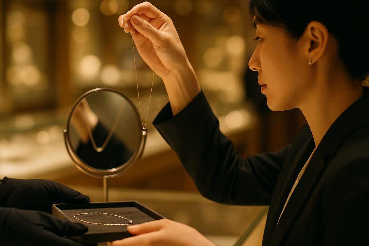 A customer holding a diamond and gold necklace up to a mirror at a jewelry boutique counter while a sales associate presents a second piece.