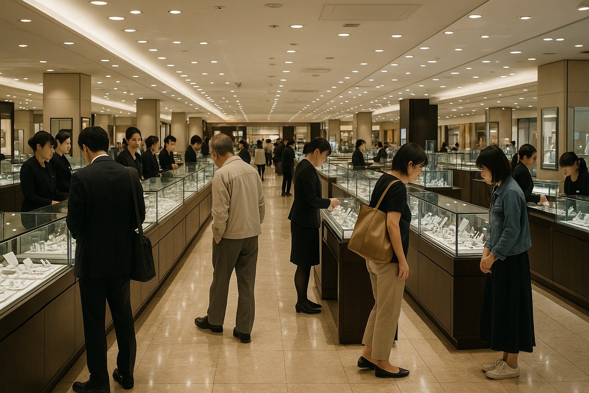 Wide view of a Japanese department store jewelry and watch floor with lit glass display cases and browsing shoppers.