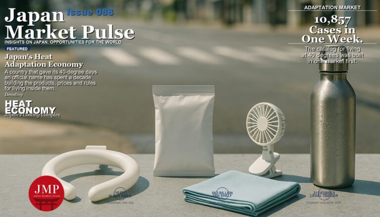 Magazine-style cover photo of Japanese summer cooling goods — a silicone neck ring, body wipes, a clip-on fan, a cooling towel and a chilled steel bottle — laid out in hard midday sunlight, with Japan Market Pulse cover text overlaid.