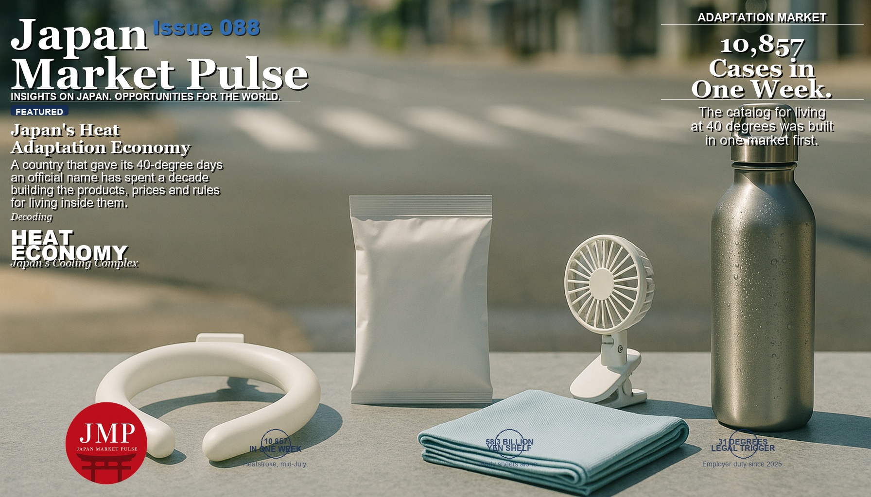 Magazine-style cover photo of Japanese summer cooling goods — a silicone neck ring, body wipes, a clip-on fan, a cooling towel and a chilled steel bottle — laid out in hard midday sunlight, with Japan Market Pulse cover text overlaid.