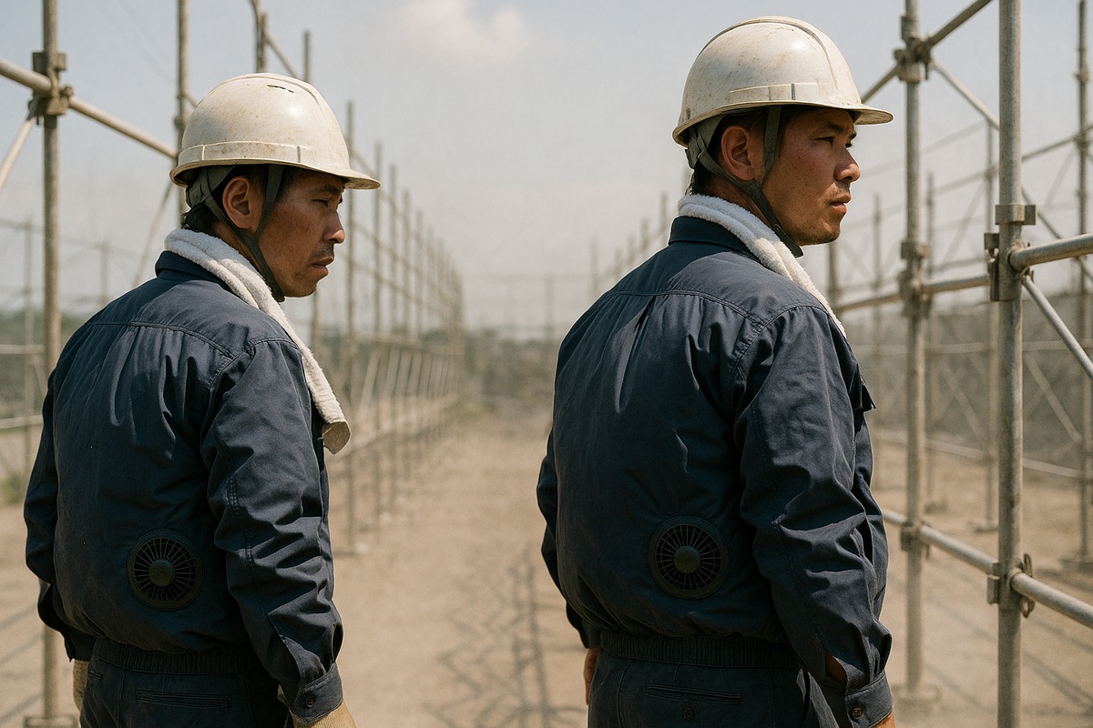 Two construction workers on an outdoor Japanese building site wearing navy fan-equipped work jackets visibly inflated with air, with circular fan housings at the lower back.