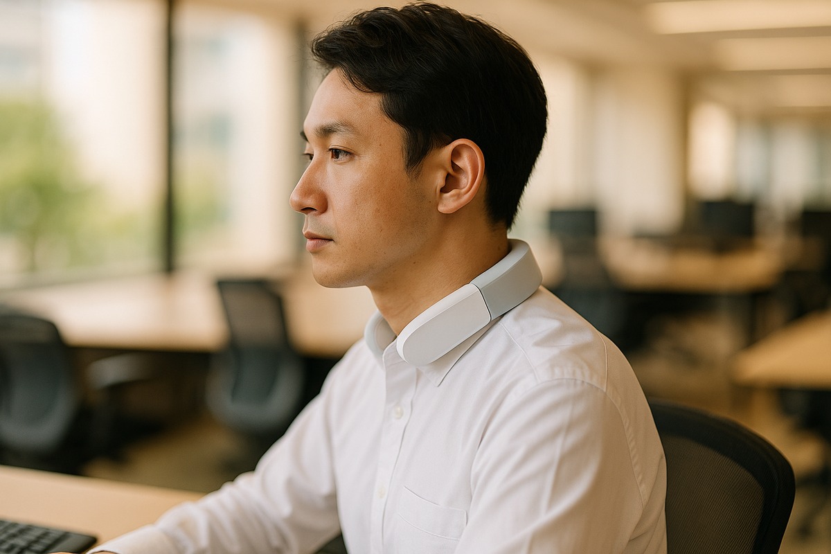 An office worker in a white dress shirt wearing a slim thermoelectric cooling neckband at the base of the neck, seated at a desk in a modern Tokyo office.