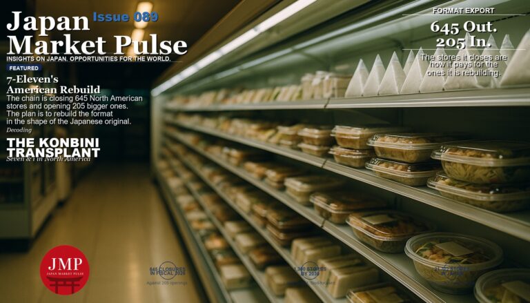 Magazine-style cover photo looking down the refrigerated fresh-food aisle of a Japanese convenience store at night, packed with rice balls, chilled boxed lunches and packaged sandwiches, with Japan Market Pulse cover text overlaid.