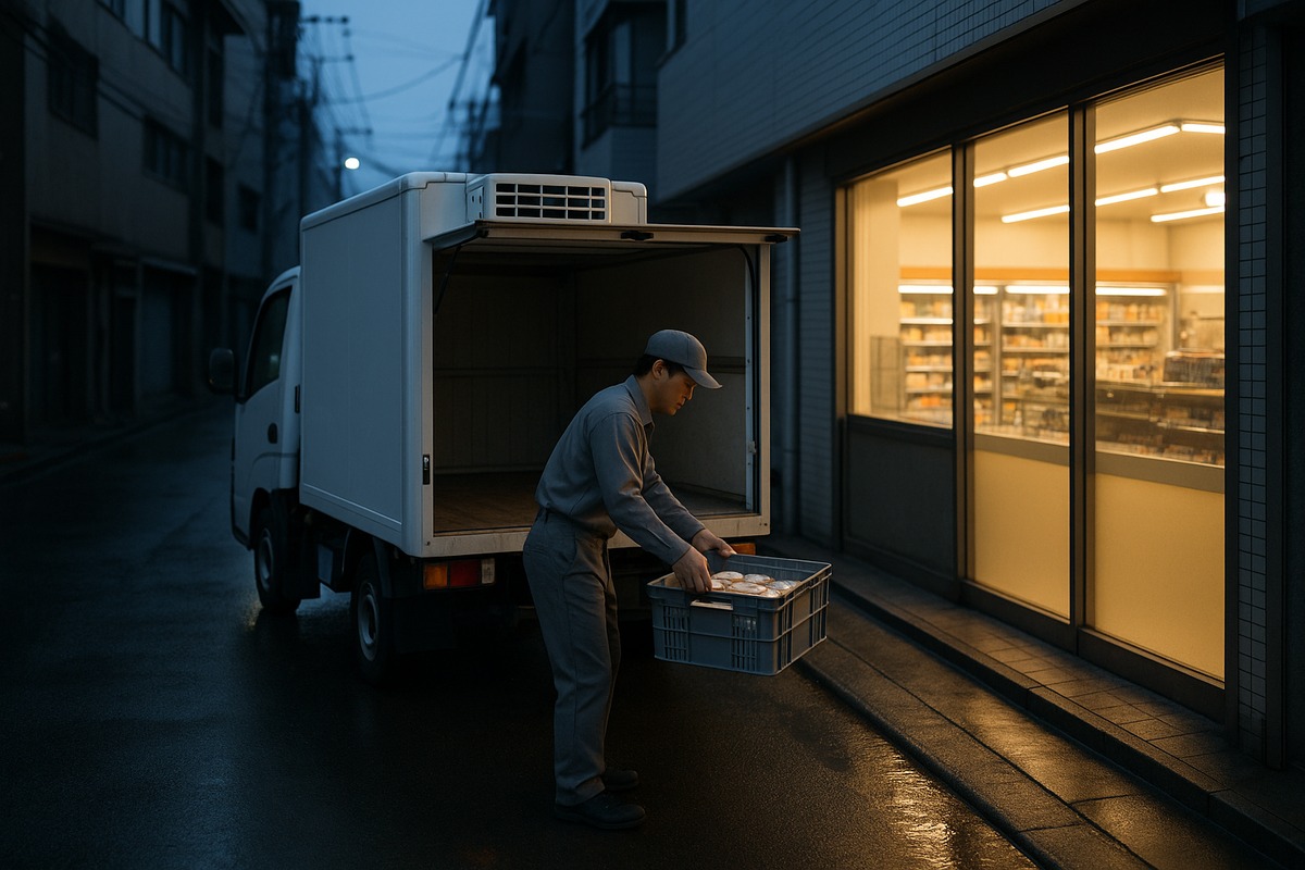 A small white refrigerated box truck parked at dawn on a narrow Japanese street outside a convenience store, with a worker lifting a crate of chilled packaged food from the open rear door.
