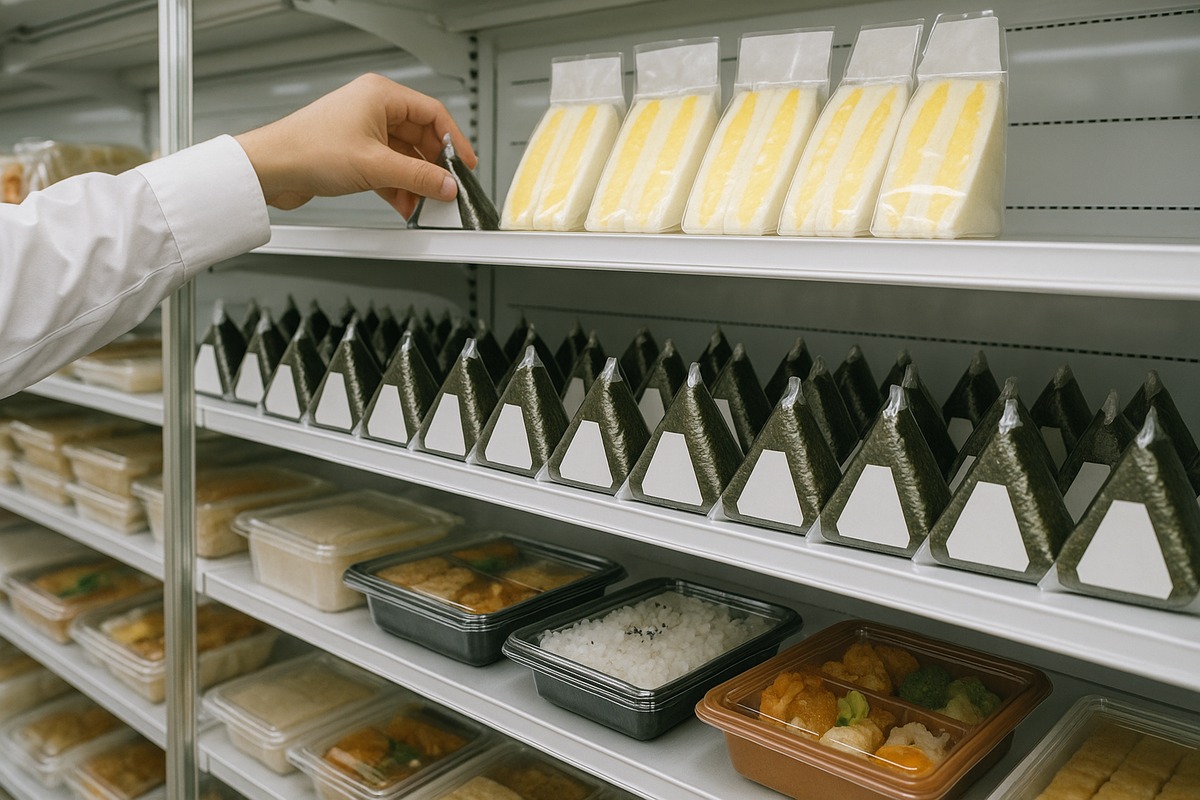 An open chilled shelf in a Japanese convenience store during the morning rush, densely stocked with triangular rice balls, packaged egg sandwiches and boxed lunches, as a customer in a white dress shirt reaches for a pack.