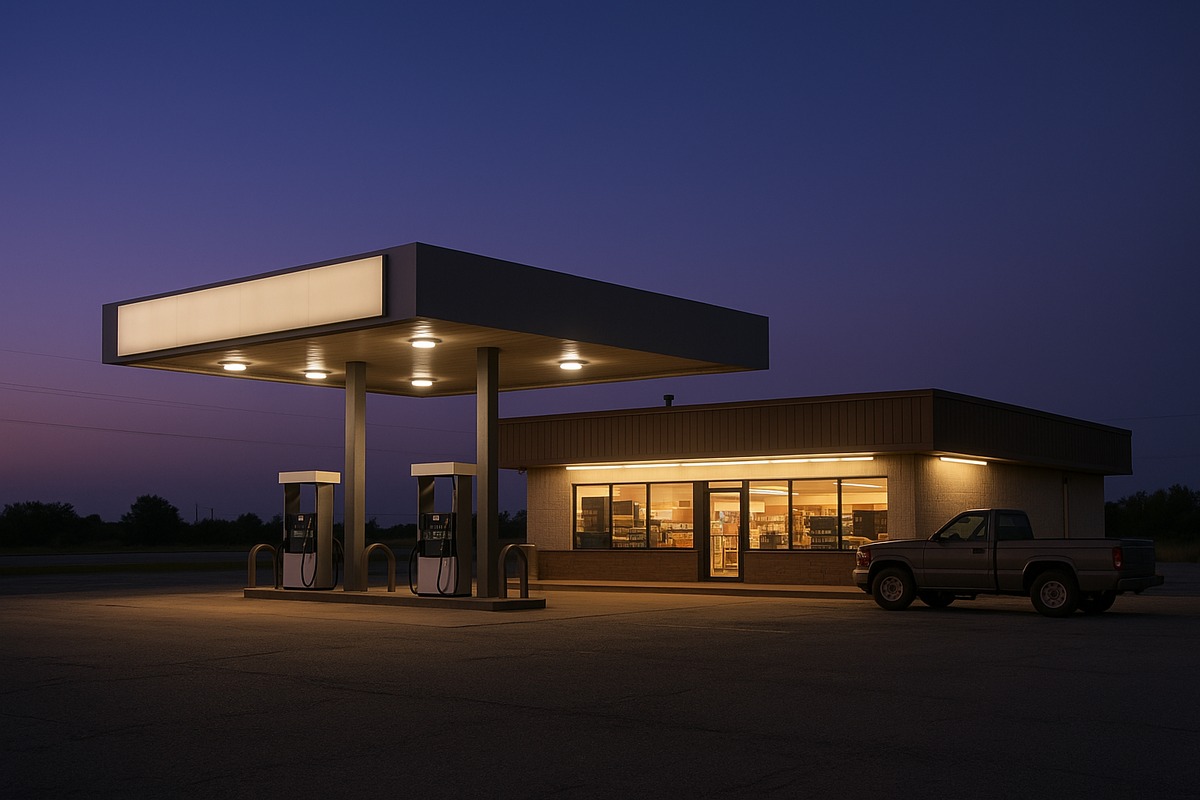 A generic North American roadside convenience store at dusk, with a wide fuel canopy over four pump islands, an almost empty asphalt forecourt and warm light spilling from the glass storefront.