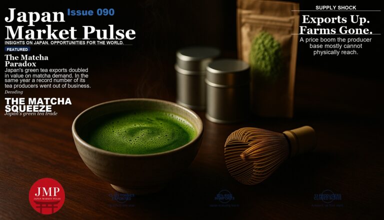 Magazine-style cover photo of a ceramic tea bowl filled with freshly whisked bright green matcha on a dark wooden counter, with a bamboo whisk, two plain metal tea caddies and a paper bag of green tea powder behind it, and Japan Market Pulse cover text overlaid.