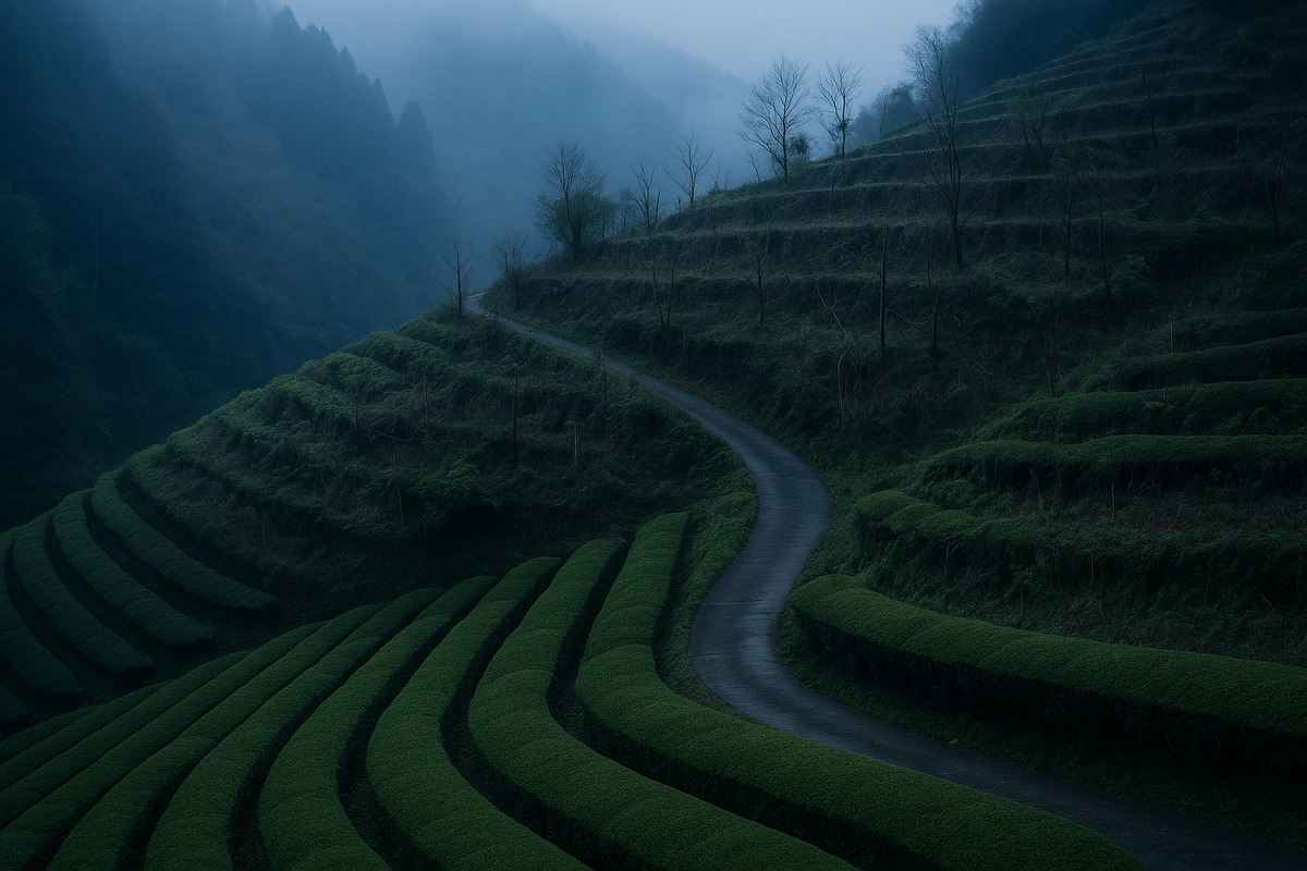 Steep hillside tea terraces in rural Japan at dusk, with neatly trimmed green rows in the foreground and unmanaged, overgrown terrace blocks higher up the slope, divided by a narrow winding farm track.