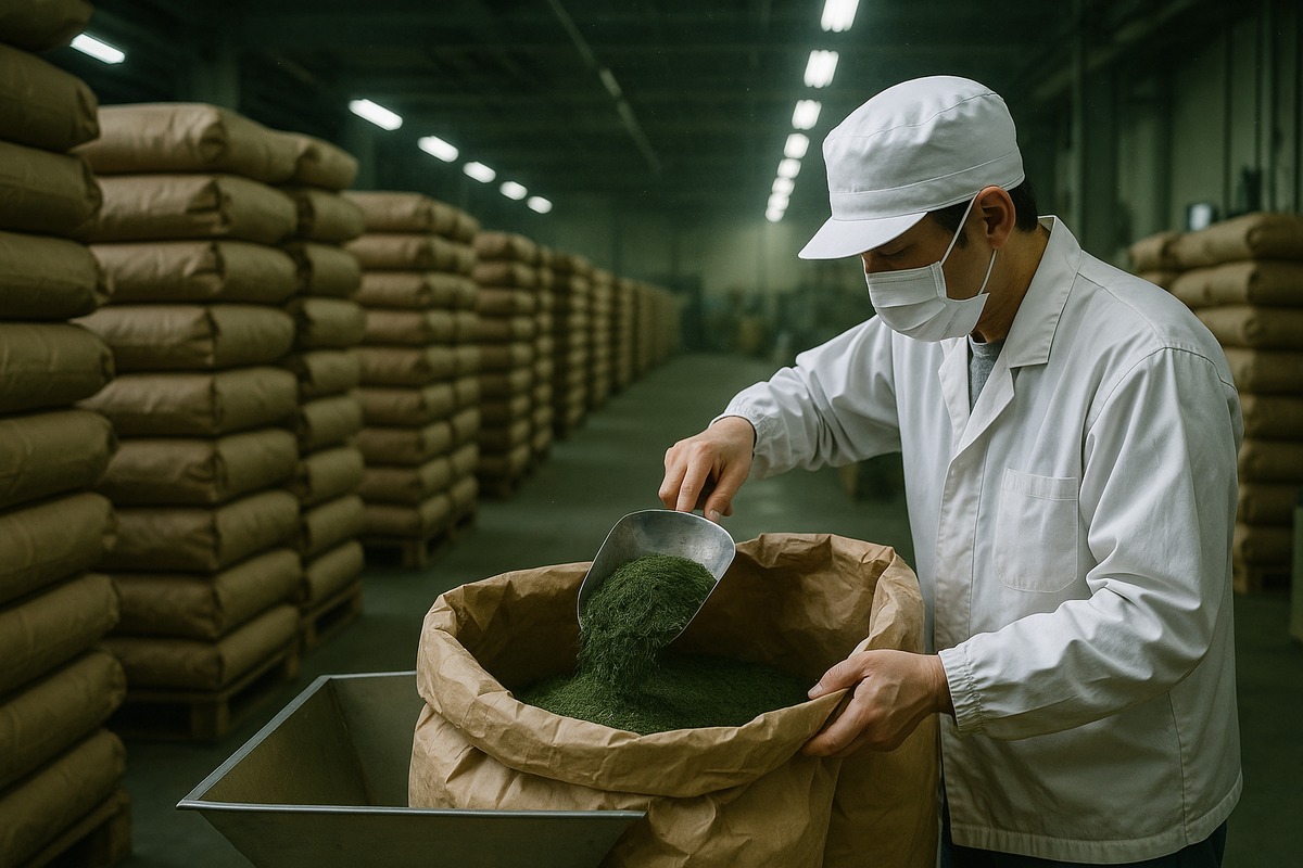 A worker in a white cap, coat and mask scooping loose green tea leaf from an open kraft-paper sack into a stainless steel hopper inside a tea blending facility, with pallets of stacked sacks running down the aisle behind.