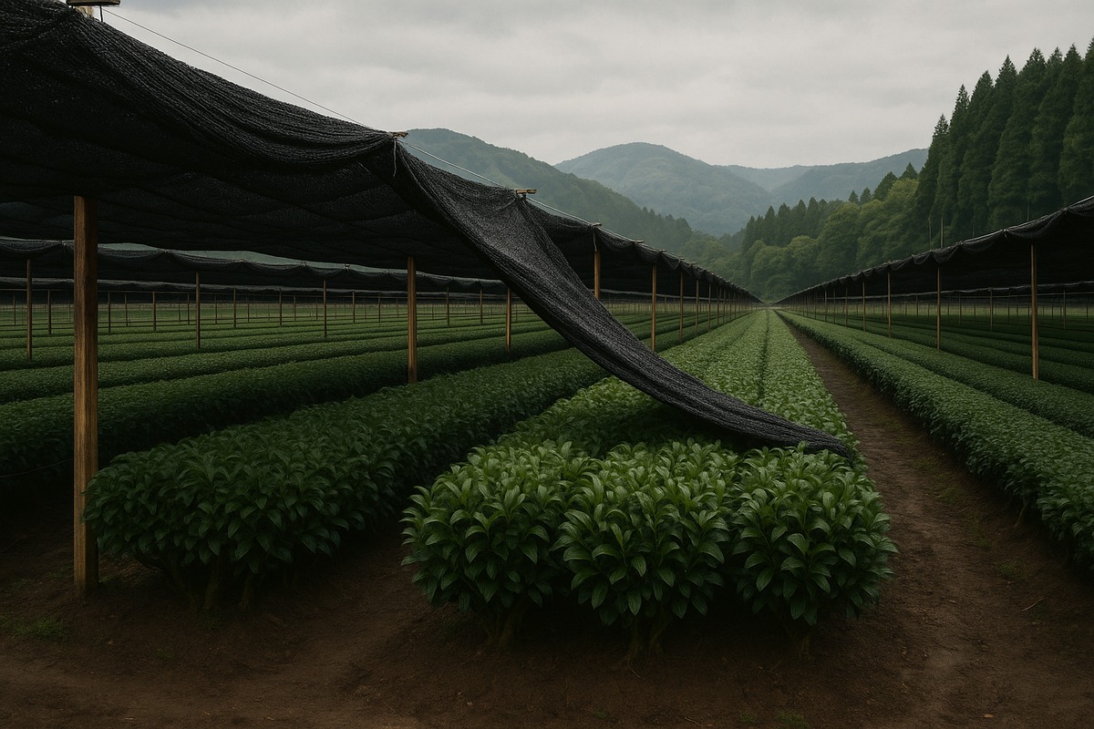 Rows of tea bushes under black shading canopies on timber frames in a rural Japanese valley, with one canopy partly rolled back to reveal the deep green shaded leaf underneath and cedar-covered hills behind.