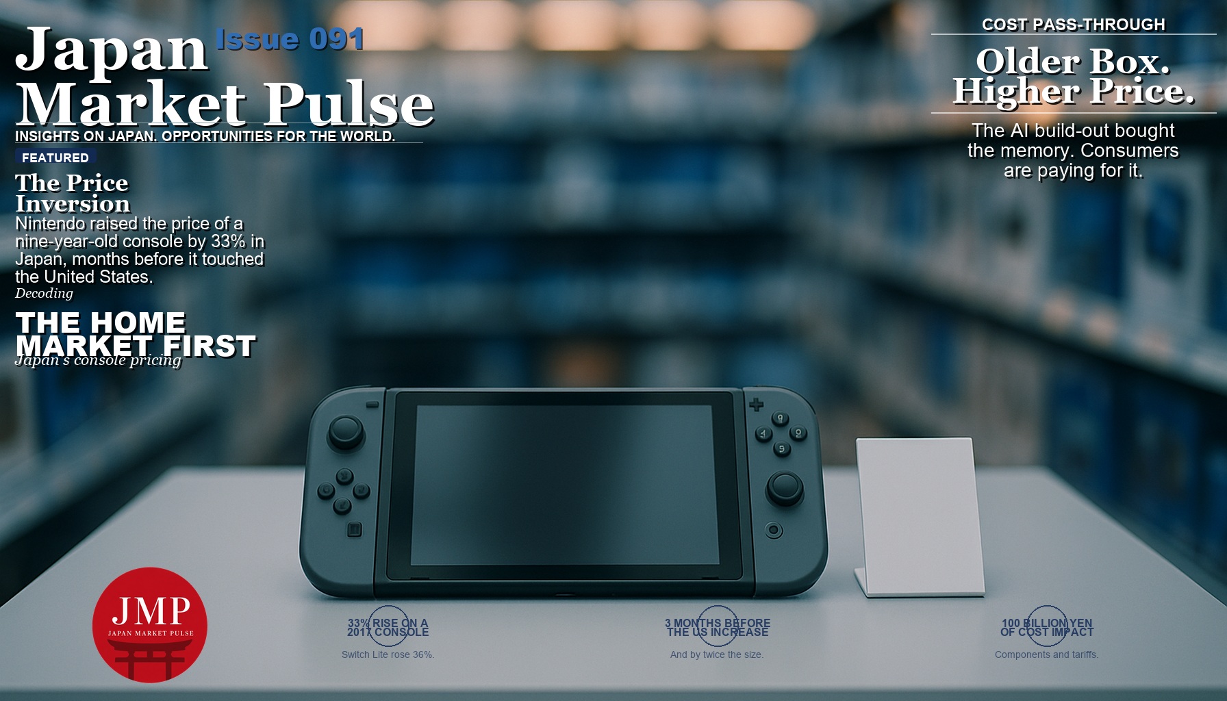 Magazine-style cover photo of an unbranded handheld gaming console with detachable side controllers lying on a pale grey retail display plinth beside a blank white price card, with the softly blurred shelves of a Japanese electronics store behind it, and Japan Market Pulse cover text overlaid.