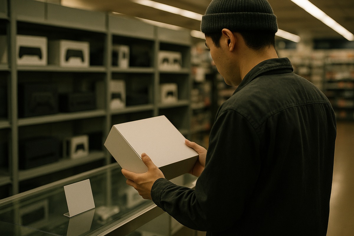 A single customer photographed from behind at a gaming hardware counter in a Japanese electronics store, holding a plain boxed console in both hands and looking down at it, with a blank price card on the glass counter and softly blurred shelves behind.