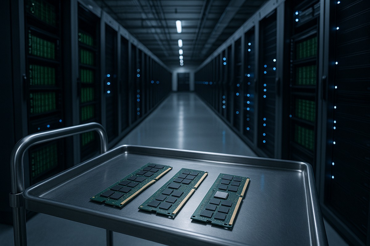 Rows of dark server racks in a data centre hall with green memory modules visible behind open front panels and blue status lights receding into the distance, and three bare memory modules laid on a stainless steel service cart in the foreground.