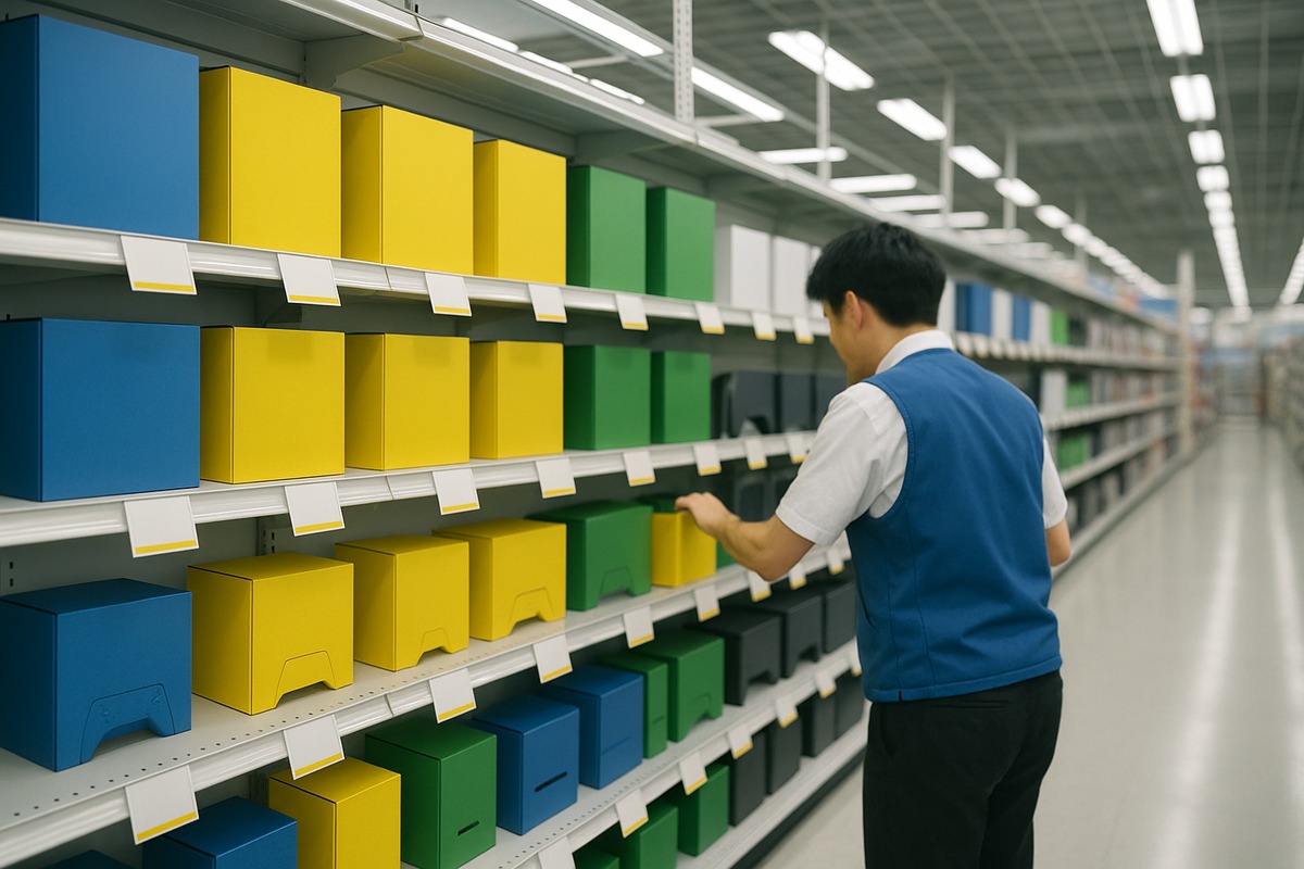 A wide aisle in a Japanese electronics store with a wall of plain gaming hardware boxes on white shelving, blank price cards clipped to the shelf edges, and a uniformed shop assistant restocking a shelf under bright fluorescent lighting.