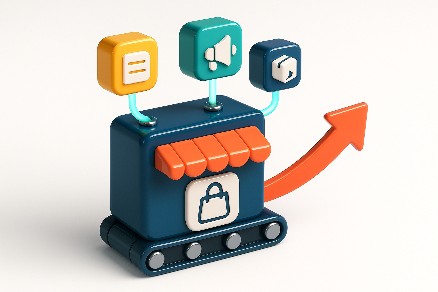 Isometric storefront with localization, PR, and returns modules feeding a growth arrow