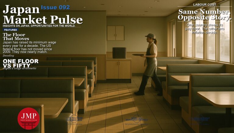 Magazine-style cover photograph of a Japanese family-restaurant dining room at seven in the morning before service, with rows of empty booths, bare wiped tables and a single staff member in a plain apron crossing the far end of the room carrying a tray, and Japan Market Pulse cover text overlaid.