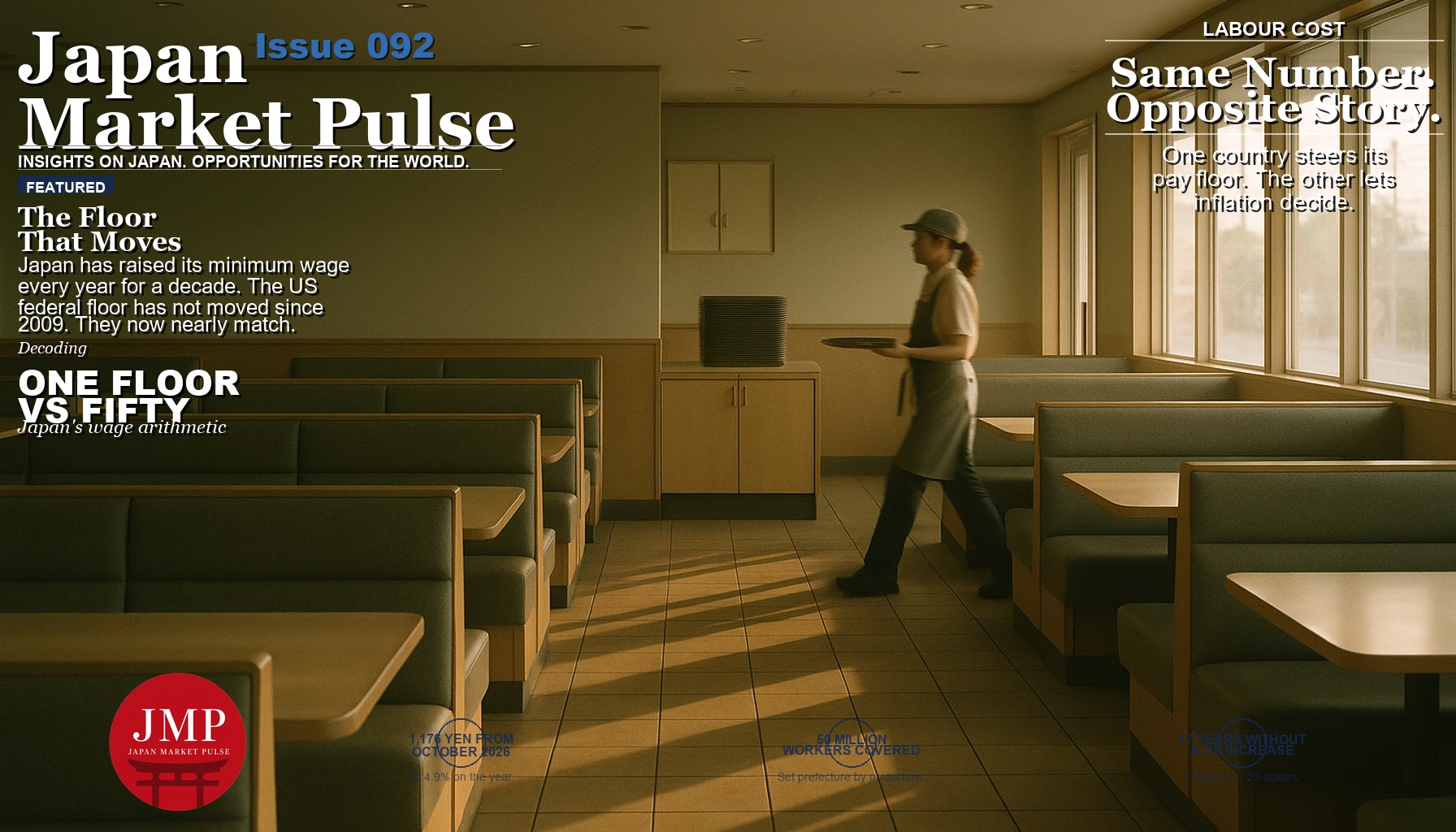 Magazine-style cover photograph of a Japanese family-restaurant dining room at seven in the morning before service, with rows of empty booths, bare wiped tables and a single staff member in a plain apron crossing the far end of the room carrying a tray, and Japan Market Pulse cover text overlaid.