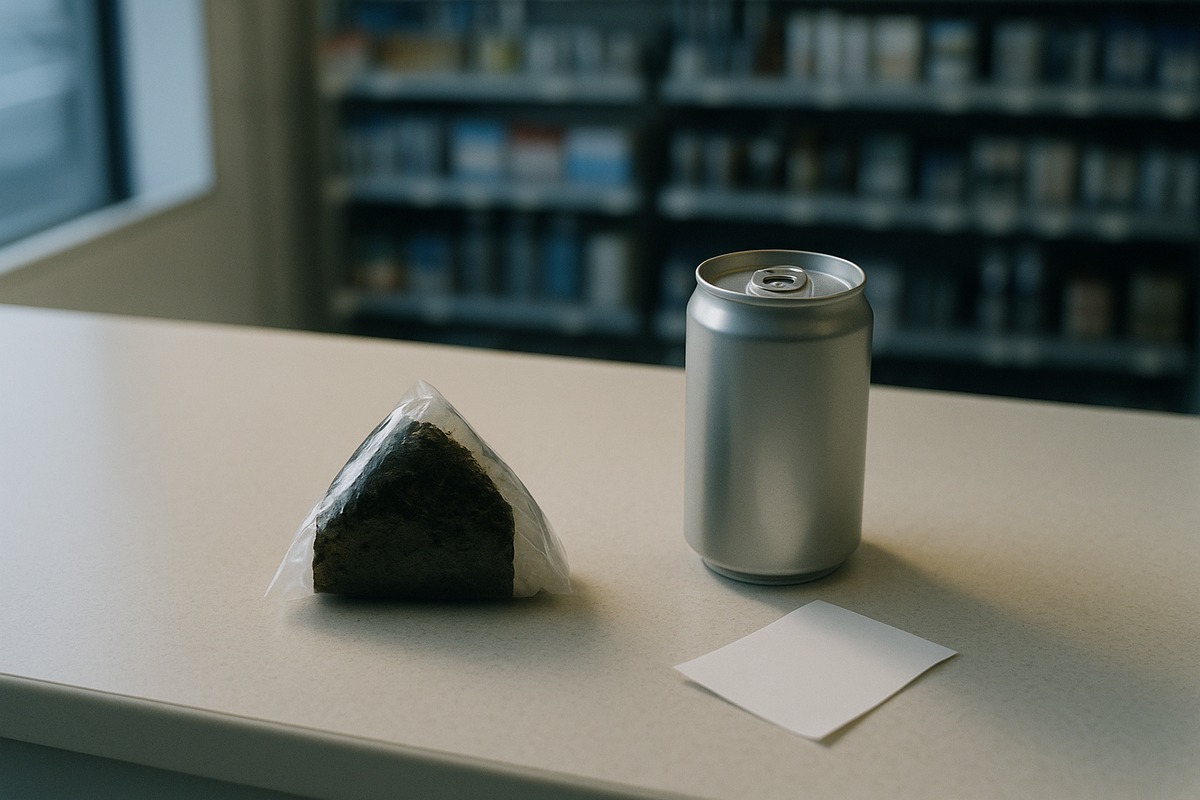 A wrapped rice ball and a plain canned coffee set down on the pale counter of a Tokyo convenience store in early morning light, with the shelving of the store softly out of focus behind.