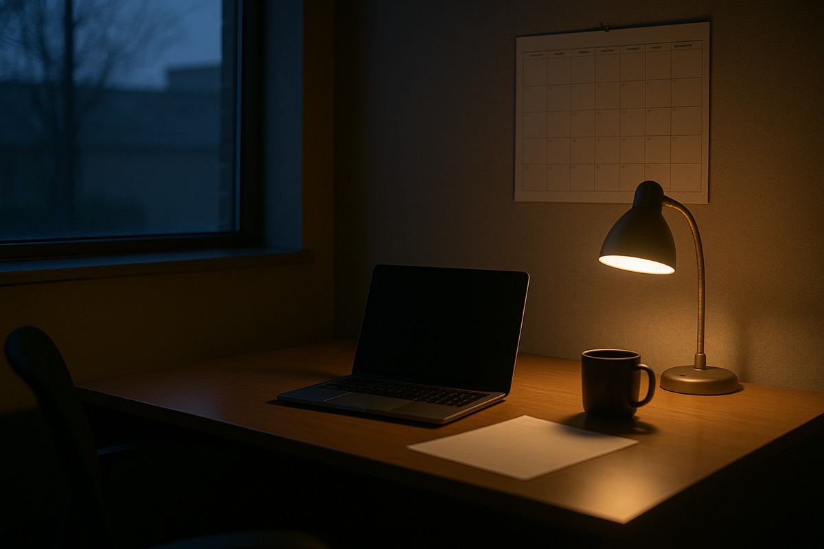 A quiet office corner at dusk with an open laptop showing a blank screen, a printed spreadsheet face down beside it, a mug and a wall calendar with a visible but illegible grid, lit by a warm desk lamp against blue evening light from a window.