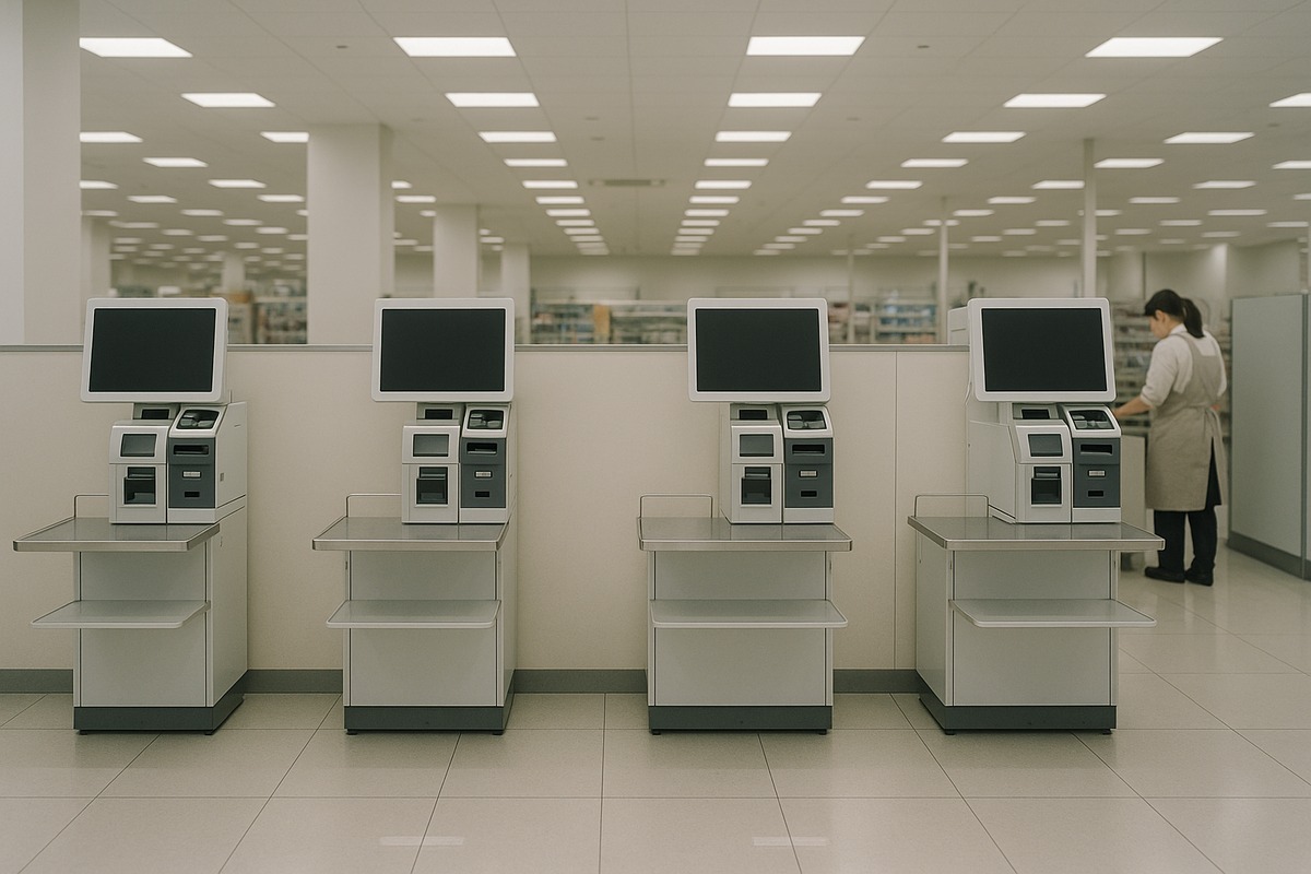 A row of four self-checkout terminals in a Japanese supermarket photographed straight on, screens dark and bagging shelves empty, with one staff member in a plain apron attending a terminal at the far end of the row.