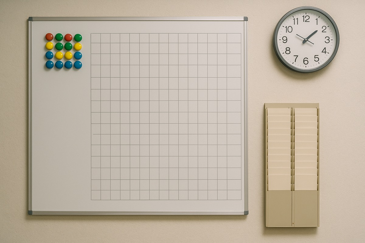 A staff room wall in a Japanese retail back office showing a blank magnetic scheduling board ruled into an empty grid with coloured magnets clustered to one side, a rack of plain time cards below it and a wall clock.