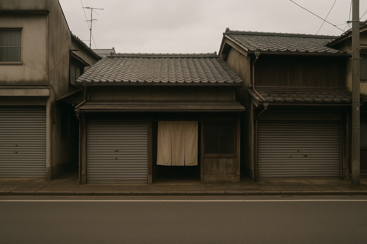 A narrow shopping street in a Japanese regional town under flat overcast light: three small shopfronts side by side, two with their metal shutters pulled down and one open with a plain undecorated fabric curtain hanging in the doorway, the street empty.