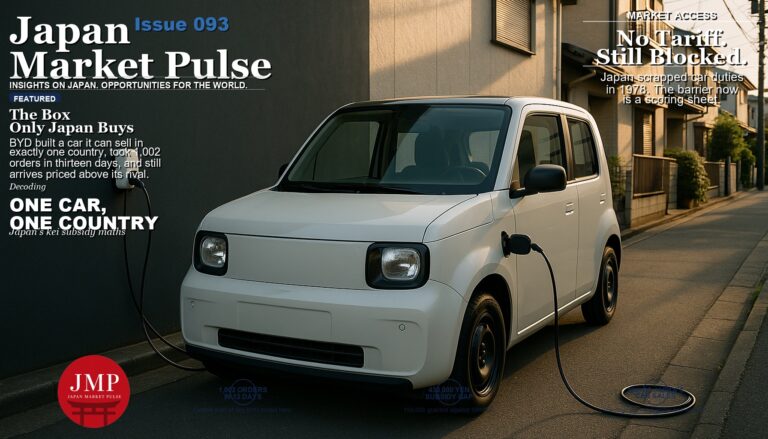Magazine-style cover photograph of a small unbranded boxy white electric city car parked nose-out in a narrow Japanese residential street with a charging cable running to a wall-mounted home charger, and Japan Market Pulse cover text overlaid.