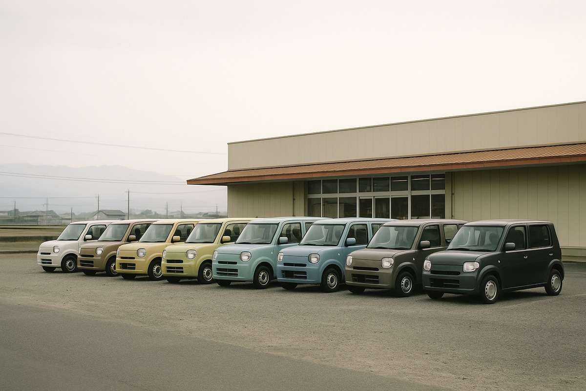 A row of eight or nine very small boxy cars in plain colours parked in an open car park in front of a low regional Japanese supermarket building under a wide pale sky, with faint mountains on the horizon.