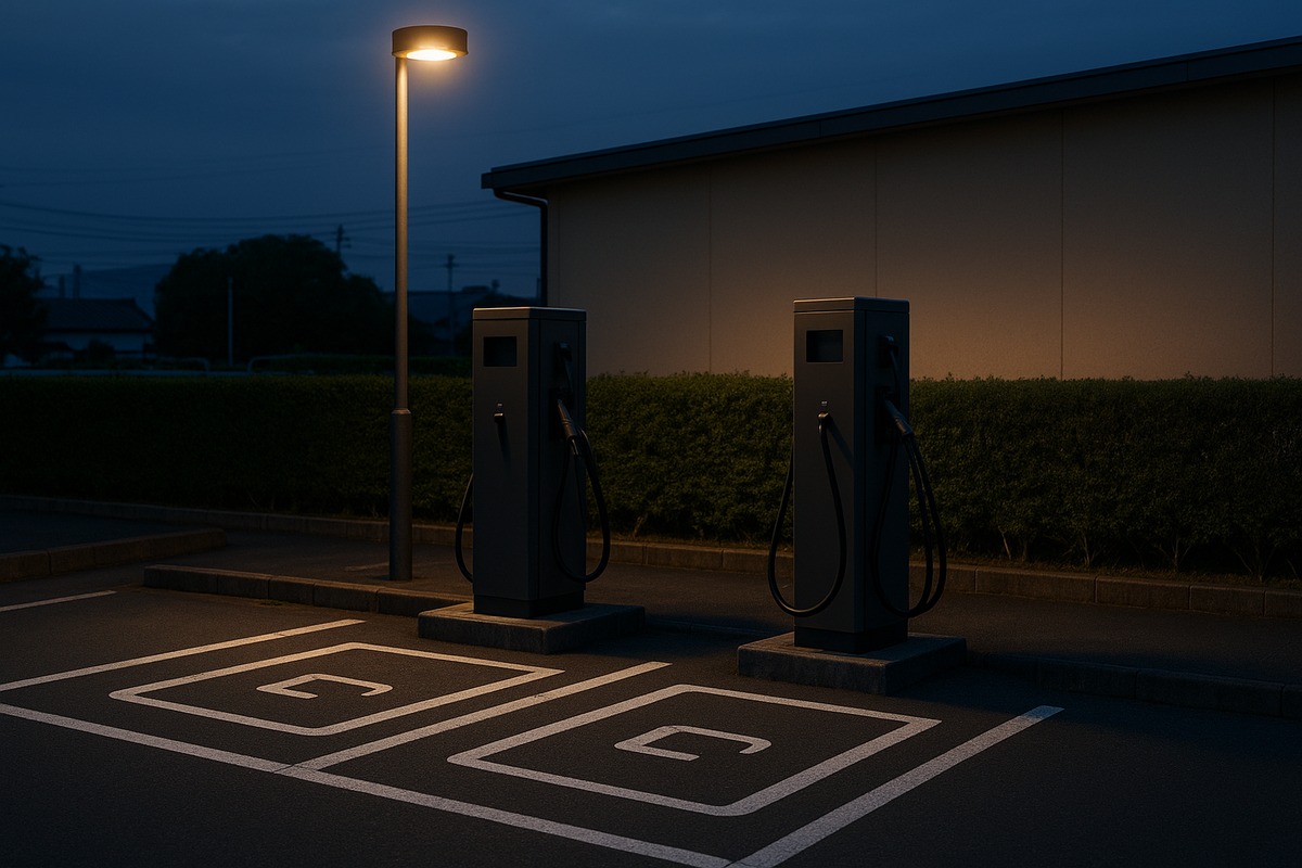 Two tall rapid-charging units in plain dark housings standing in an empty outdoor charging bay in a Japanese roadside car park at dusk, cables coiled on their hooks and painted bay markings on the asphalt.