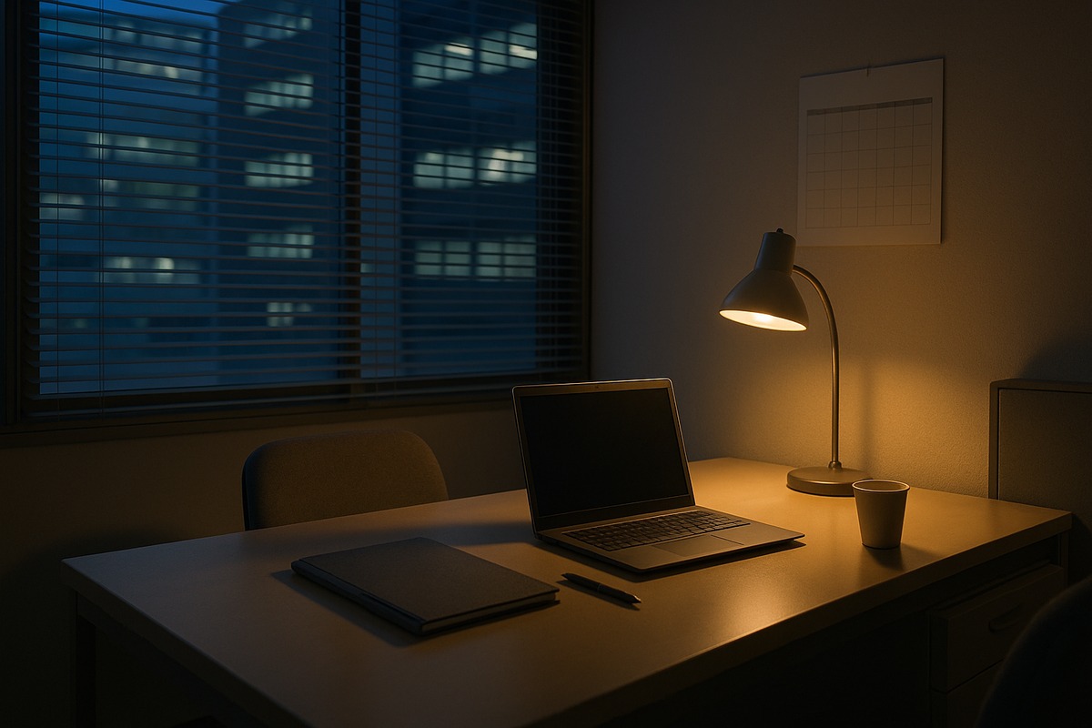 A quiet corner of a Japanese office at dusk with an open laptop showing a blank screen, a closed folder, a pen, a paper cup of coffee and a wall calendar with a visible but illegible grid, lit by a warm desk lamp against cool blue window light.