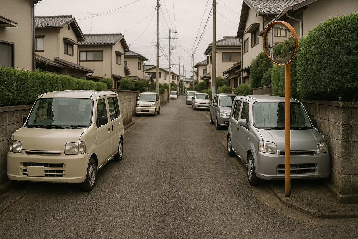 A narrow one-lane residential street in a Japanese suburb with no pavement, a convex traffic mirror on a pole at the corner and several very small boxy cars parked tight against low concrete walls with only centimetres of clearance.