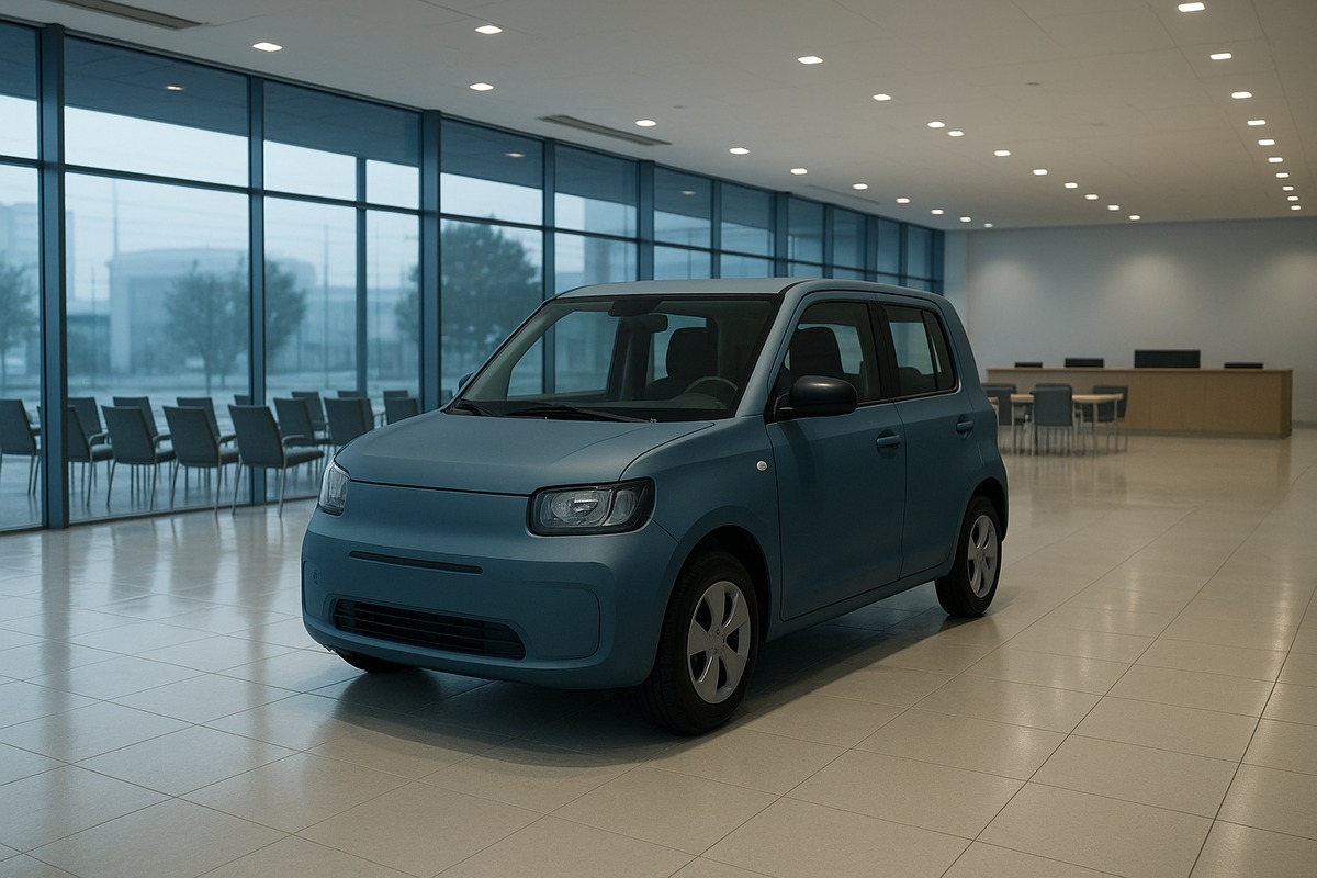 A single small boxy electric car standing alone on the polished floor of an empty modern Japanese car showroom before opening, with rows of empty customer chairs and a plain reception counter out of focus behind it.