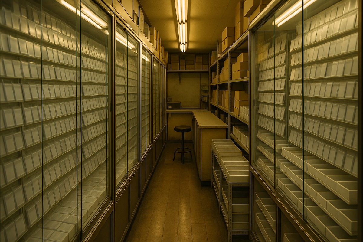 Interior of a small Japanese collectible card shop: a narrow aisle between floor-to-ceiling glass cabinets holding trays of blank card sleeves, a narrow counter with a stool and warm overhead strip lighting.
