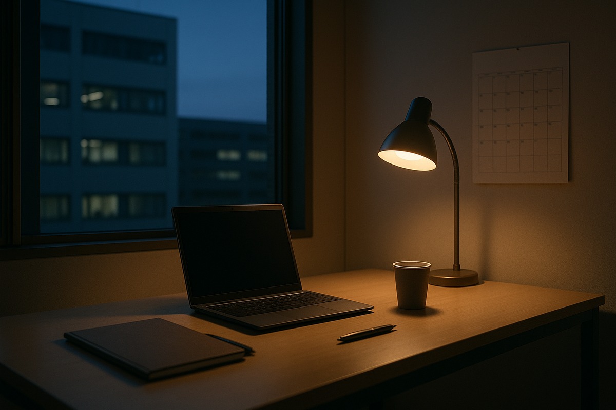 A quiet corner of a Japanese office at dusk with an open laptop showing a blank screen, a closed folder, a pen, a paper cup of coffee and a wall calendar with a visible but illegible grid, lit by a warm desk lamp against cool blue window light.