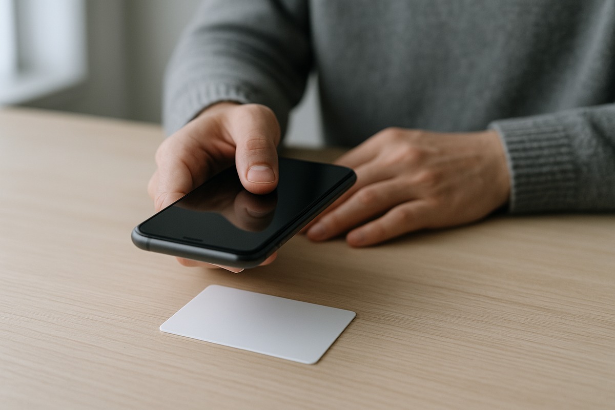 A pair of hands holding a smartphone just above a blank white plastic identity card lying on a pale wooden table, in the gesture of reading a contactless chip, lit by soft daylight from a window.