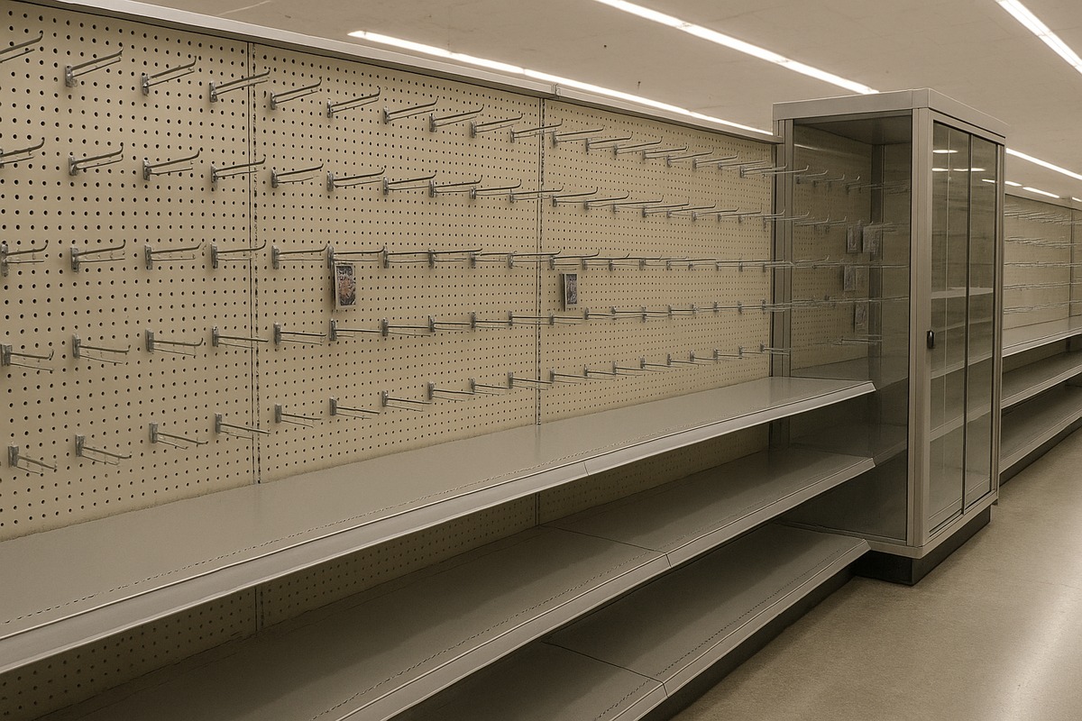 A trading card aisle in a large North American big-box store with rows of empty metal pegboard hooks, bare grey shelves and a locked clear display cabinet at the end of the run under flat fluorescent lighting.