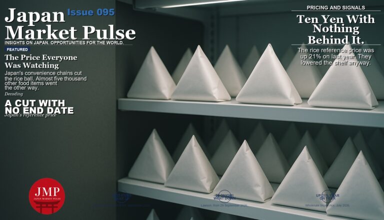 Magazine-style cover photograph of a chilled convenience store shelf holding neat rows of triangular rice balls wrapped in plain unprinted white film, with a dark uncluttered shelf end panel on the left and Japan Market Pulse cover text overlaid.