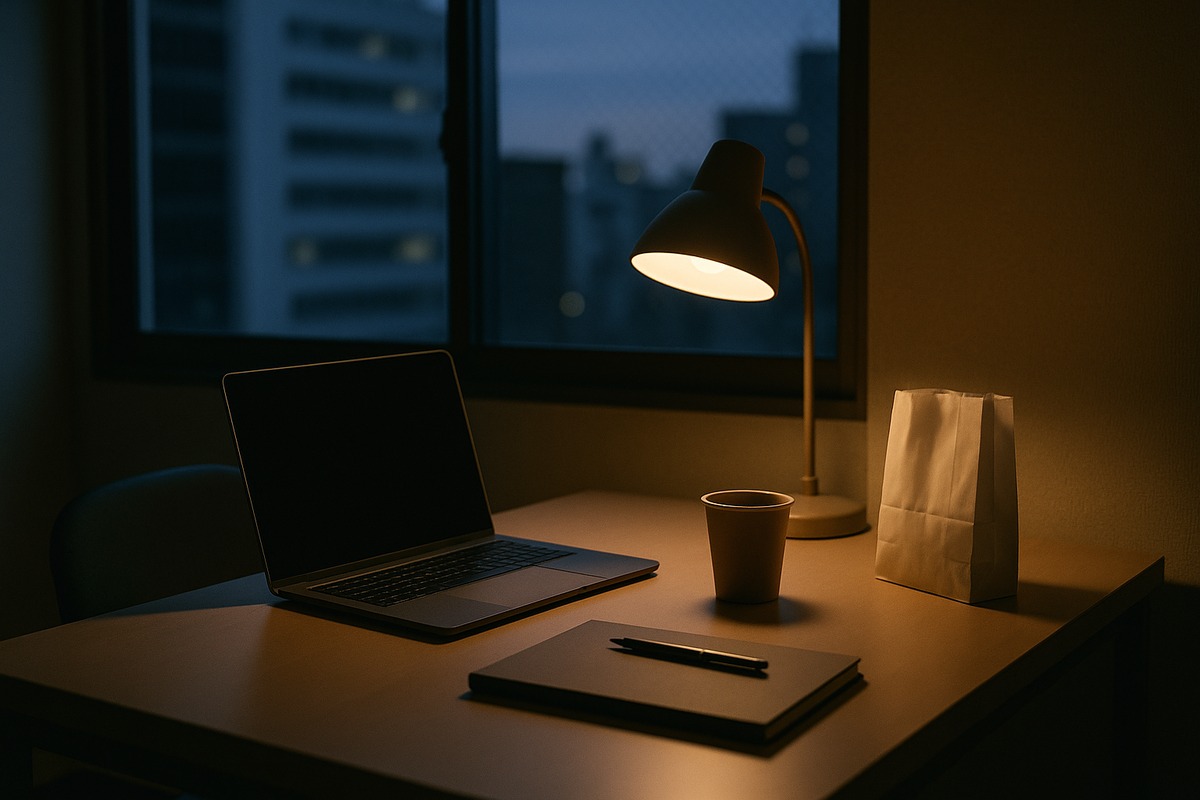 A quiet corner of a Japanese office at dusk with an open laptop showing a blank screen, a closed folder, a pen, a paper cup of coffee and a small plain white convenience store paper bag, lit by a warm desk lamp against cool blue window light.