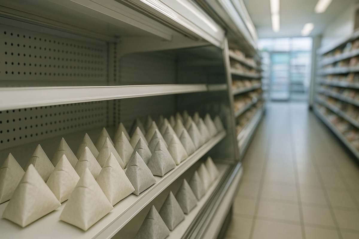 Angled view along a chilled open-front display case in a Japanese convenience store, holding rows of triangular rice balls in plain unprinted white and pale grey film under neutral white shop lighting.
