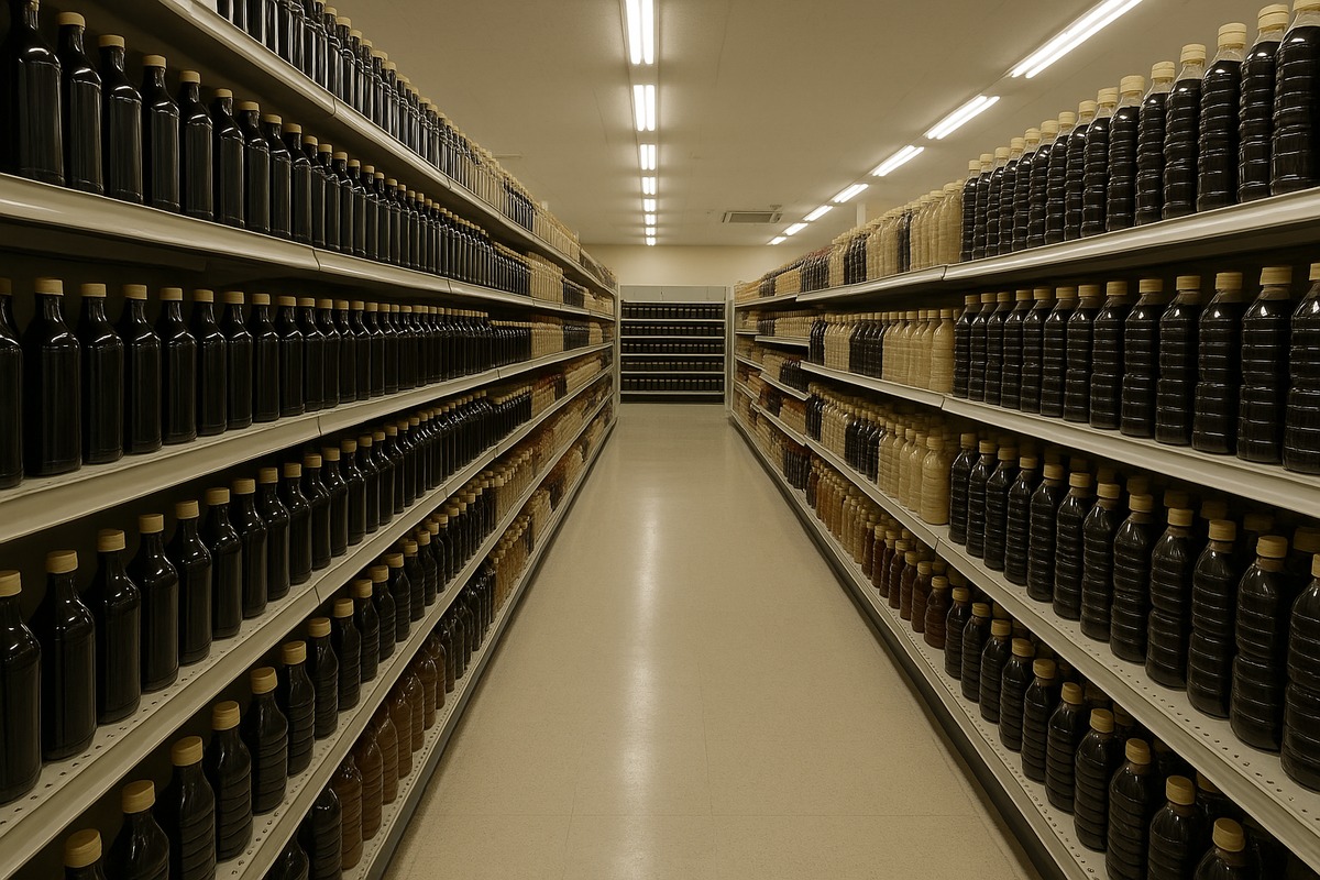 Seasoning aisle in a Japanese supermarket seen down its length, with tall shelves of plain unlabelled dark glass and plastic bottles in dense rows under flat overhead fluorescent lighting.