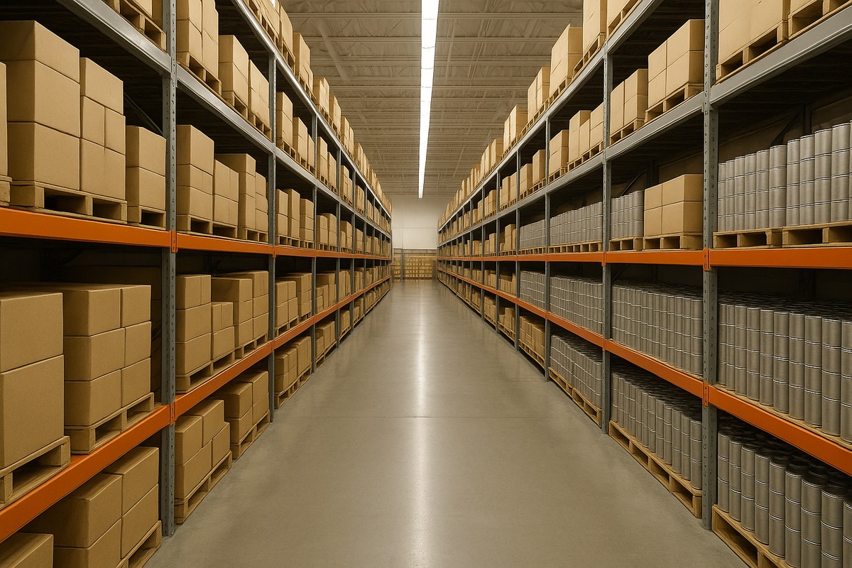 Wide grocery aisle in a large North American big-box supermarket with tall grey steel shelving stacked with plain unlabelled boxes and cans, a bare shelf-edge rail and polished concrete flooring under flat fluorescent lighting.