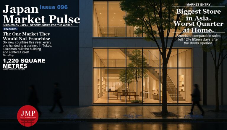 Magazine-style cover photograph of a contemporary three-storey glass and stone retail building on a tree-lined Tokyo street at blue hour, with a plain dark facade panel on the left and Japan Market Pulse cover text overlaid.