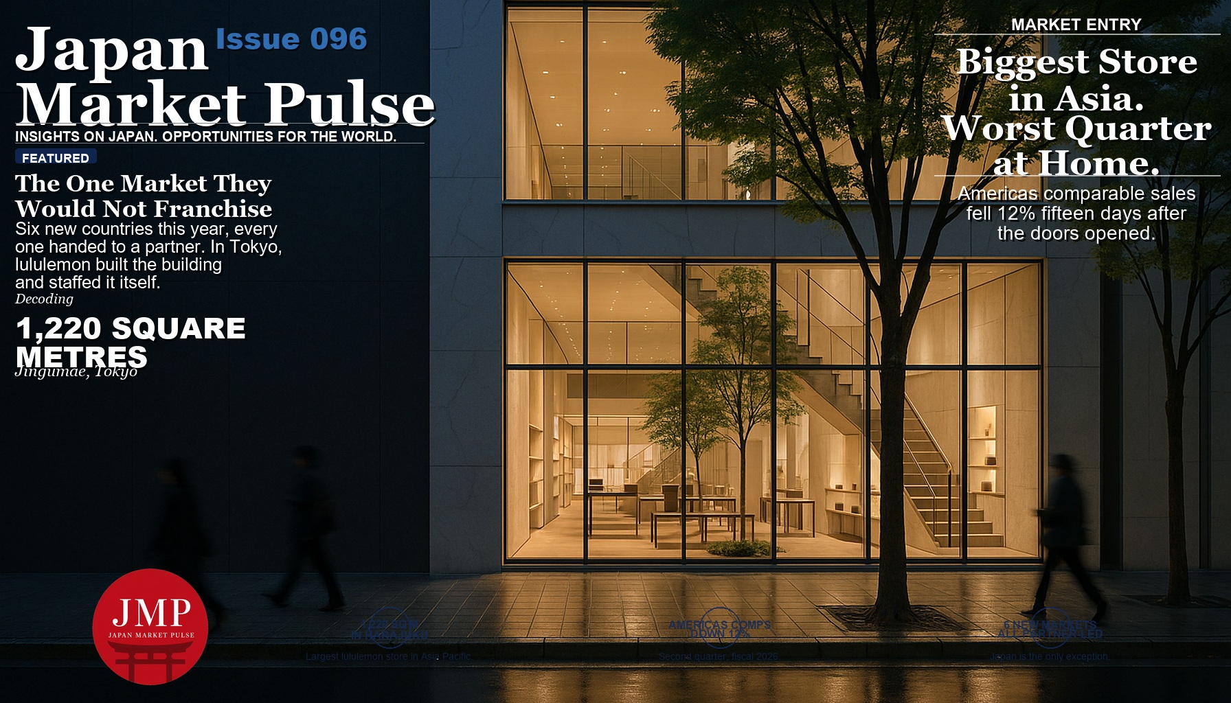 Magazine-style cover photograph of a contemporary three-storey glass and stone retail building on a tree-lined Tokyo street at blue hour, with a plain dark facade panel on the left and Japan Market Pulse cover text overlaid.