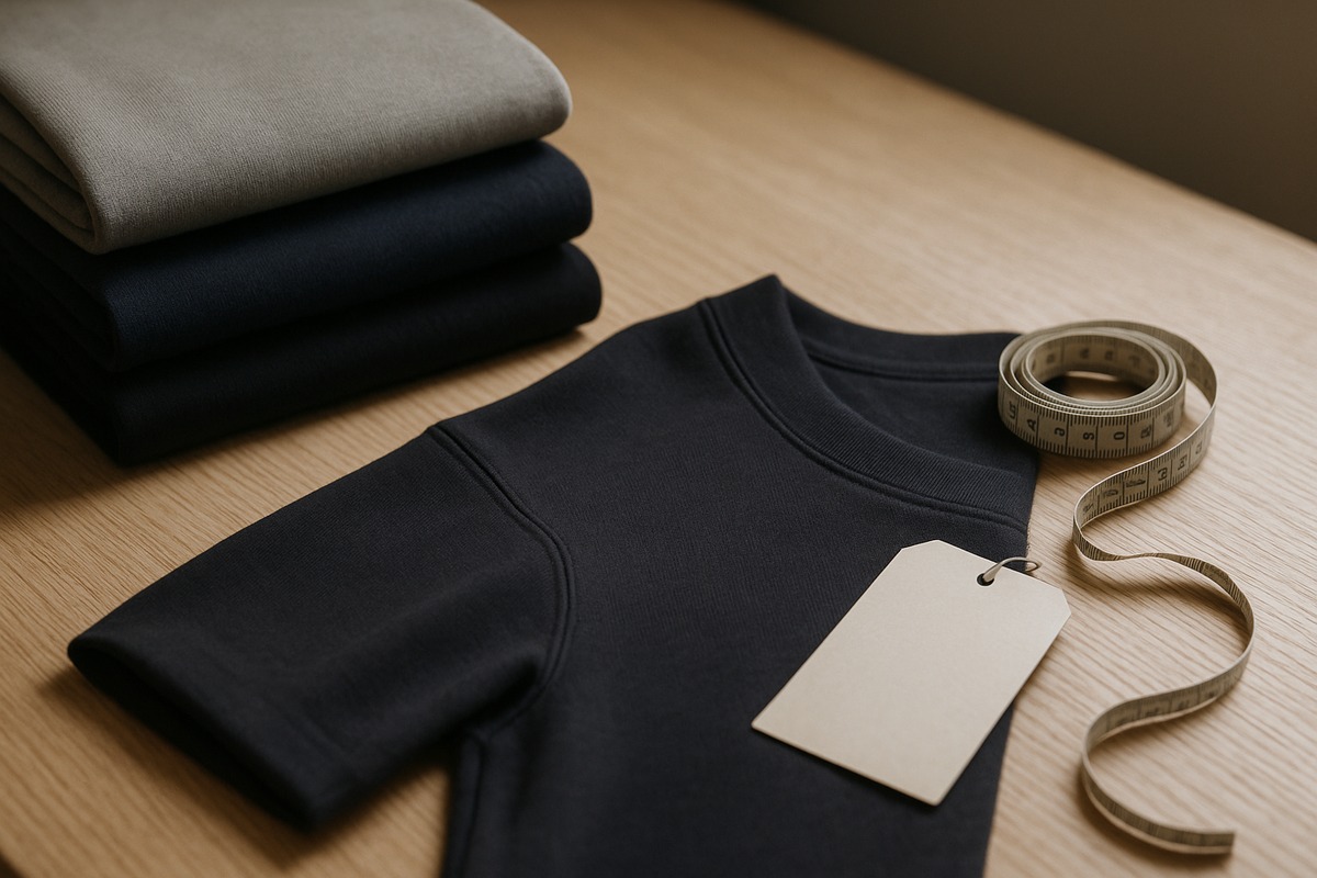 Close-up still life on a pale oak table of three folded technical garments in stone grey, deep navy and soft black, one partly unfolded to show a flat seam and ribbed cuff, with a blank hangtag and a coiled tailor’s measuring tape.